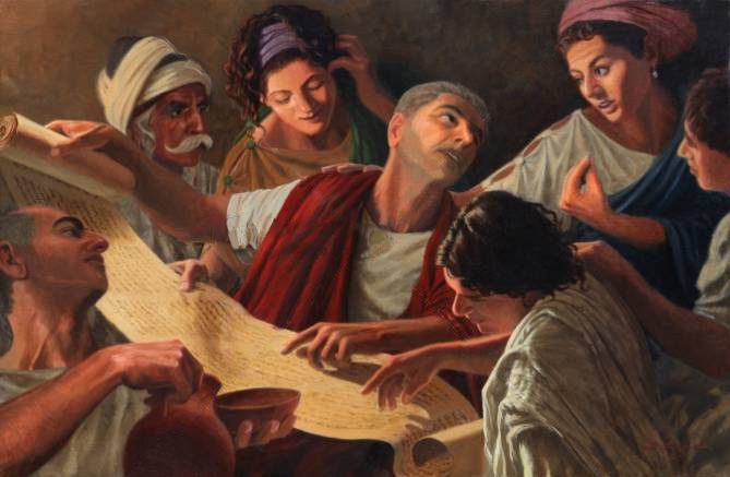 Primeros cristianos discutiendo las escrituras con el predicador