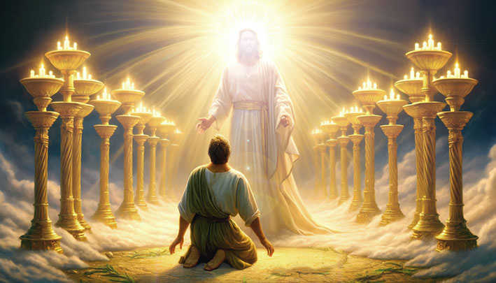 Juan ante Jesús entre candelabros