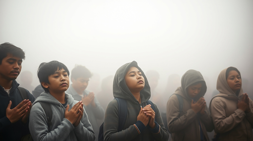 People in the fog praying