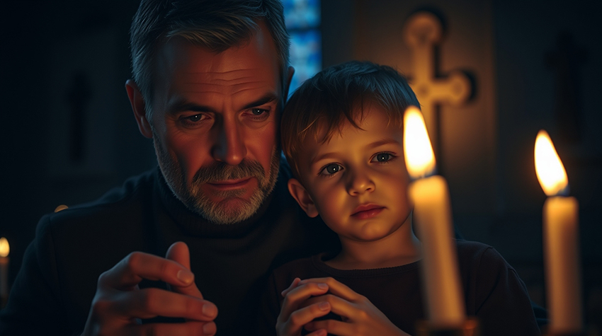 Man praying at church with is son