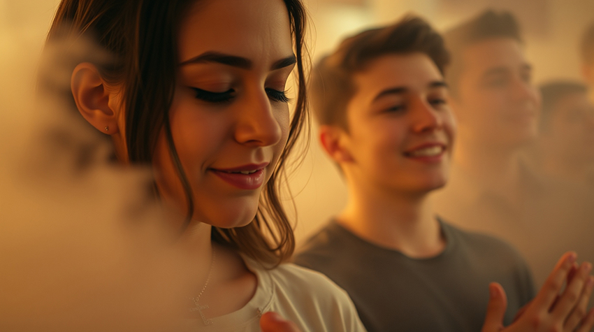 Young people praying happily